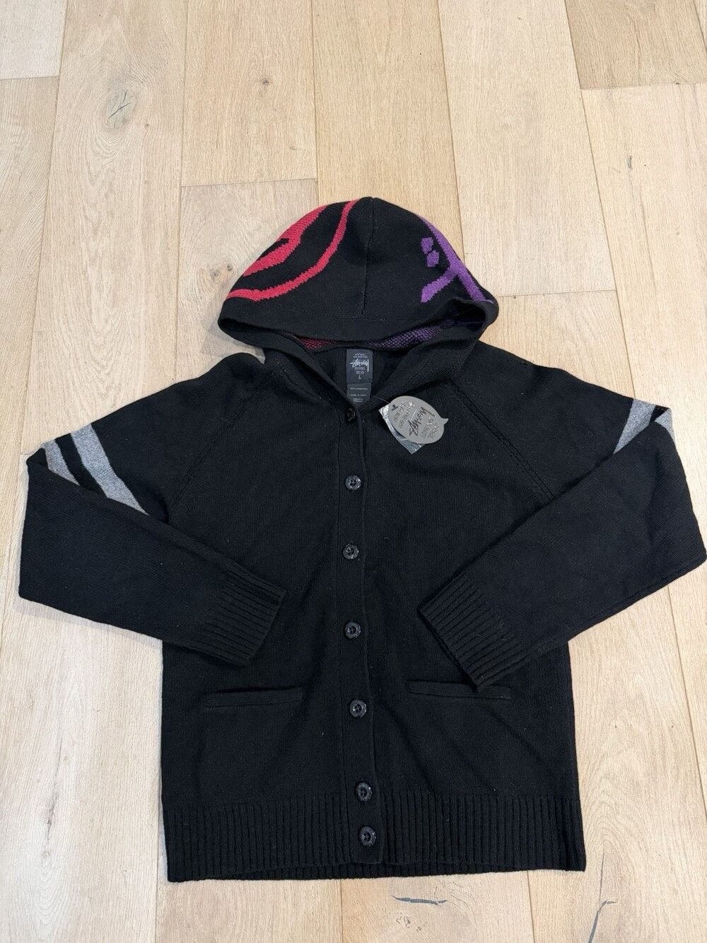 Rare Stussy Knit Button Hoodie Women Sweater Size Large NWT 100% Lamb Wool